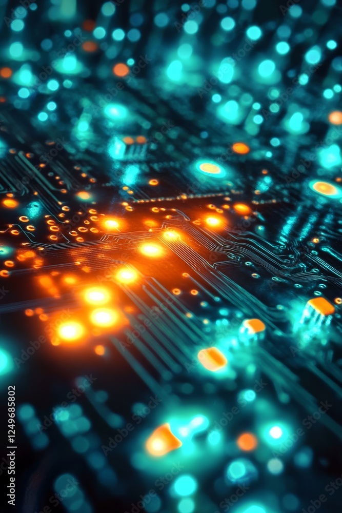 Poster a closeup view of an electronic circuit board reveals an array of glowing particles and complex intr