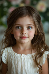 A little girl with long brown hair and blue eyes