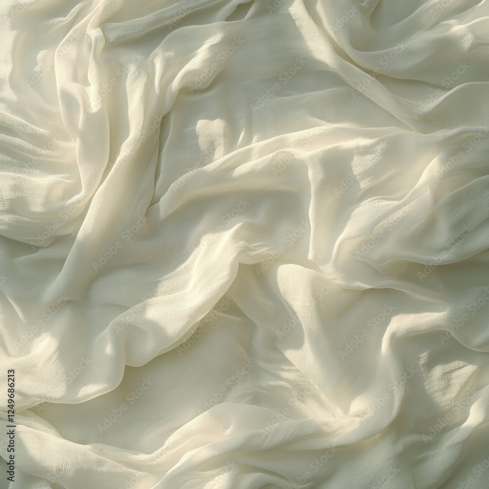 Aufkleber morning light gently illuminates an unmade bed with white sheets, showcasing soft textures and delic