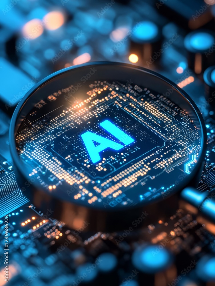 Poster a large magnifying glass highlights an intricate ai microchip on a detailed circuit board, symbolizi