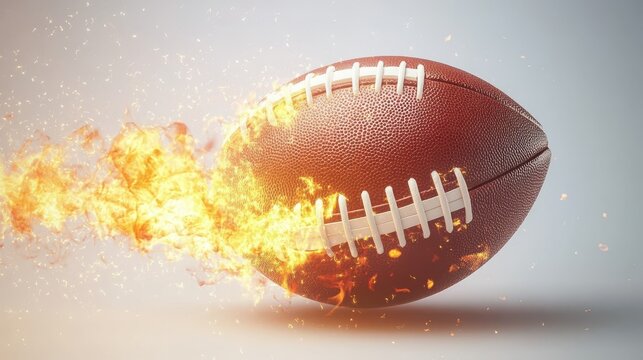 american footbal lball with bright flame flying on white background