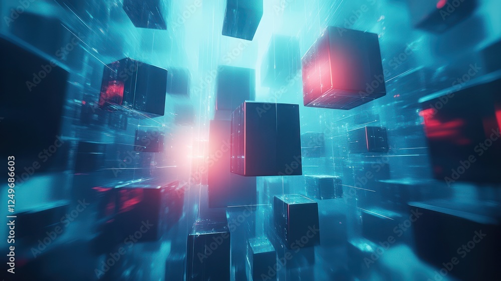 Poster cubes floating digital space; glowing background; tech concept