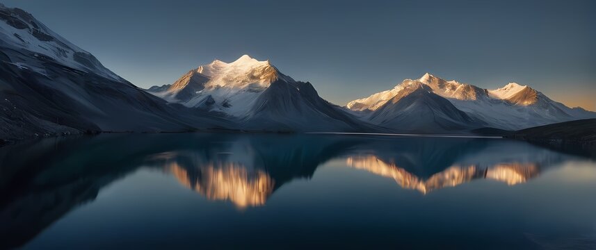 A stunning view of white capped mountains reflecting nicely on the surface of a tranquil lake where natures beauty awes all who gaze