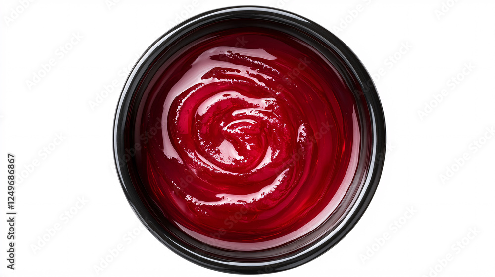 Poster a black bowl filled with rich red sauce swirled into a smooth pattern placed against a clean white b