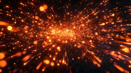 Abstract orange explosion, dark background, radiating light, graphic design