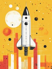 Fototapeta premium Rocket ship illustration with bar graph, yellow background. Generative AI illustration