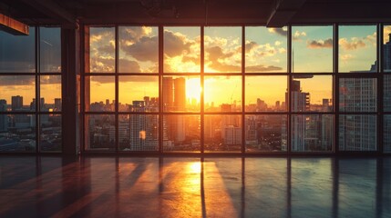 Fototapeta premium Sunset Cityscape from a Modern Loft Window