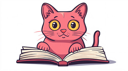 A cartoon-style pink cat with large yellow eyes is leaning on a big open book with paws resting on the pages against a white background  
