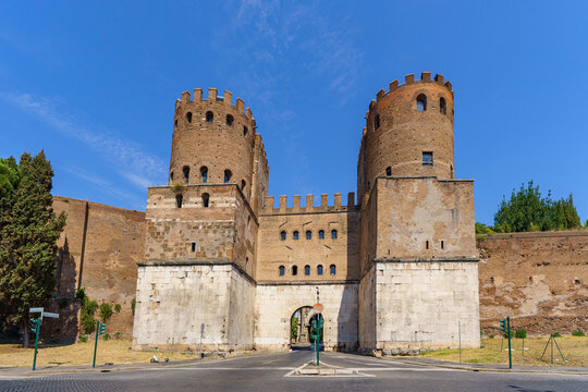 The well preserved porta San Sebastiano (Porta Appia) on Via Appia is the largest gate passing through the Aurelian Walls in Rome, Italy