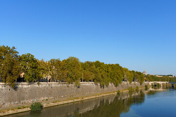 Fototapeta premium View on Tiber river from Ponte Vittoria Emanuele II with the dome of Tomba di Francesco Borromini visible in the background