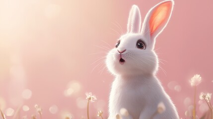 White rabbit in a field. Cute portrait of a rabbit surprised. Generative ai with pink background expression. A white rabbit in a meadow lifestyle.