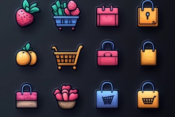 Icons representing online store functionalities for shopping, delivery, and order management