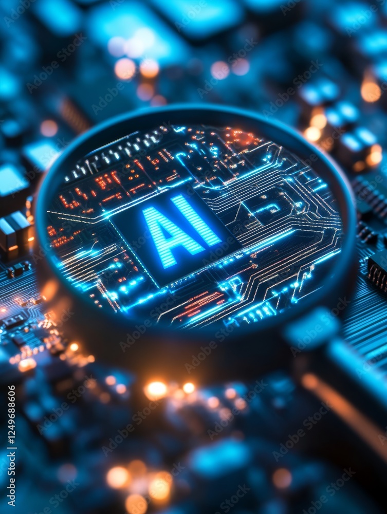 Poster a magnifying glass focuses on an ai microchip integrated into a complex circuit board, symbolizing r
