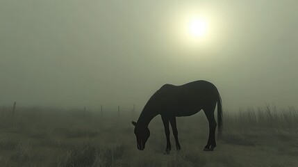 Lone horse grazing in foggy field at sunrise; peaceful rural scene