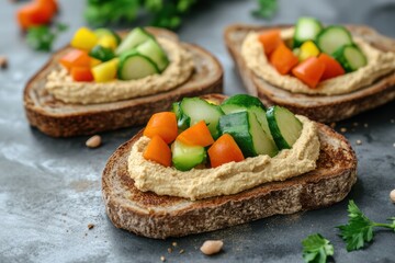 Rye bread toast topped with hummus and fresh vegetables for a healthy snack