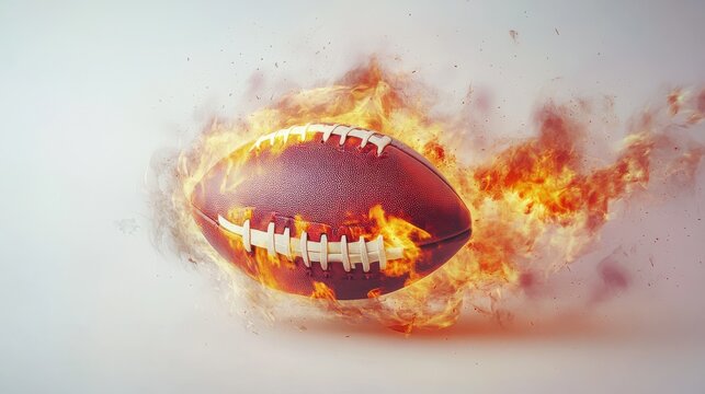american footbal lball with bright flame flying on white background