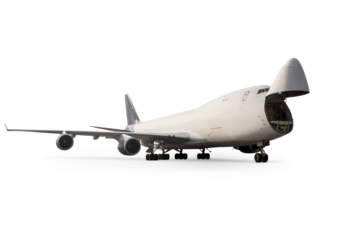 Wide body cargo transport airplane with an open nose hatch isolated