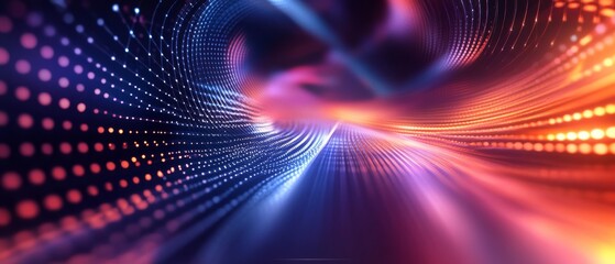 This vibrant digital background features flowing lights and intricate patterns, ideal for technology, AI, data transfer, and scientific projects, making it versatile for various creative uses