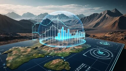 Futuristic data analysis interface over an arid landscape, showing graphs and a world map - Powered by Adobe