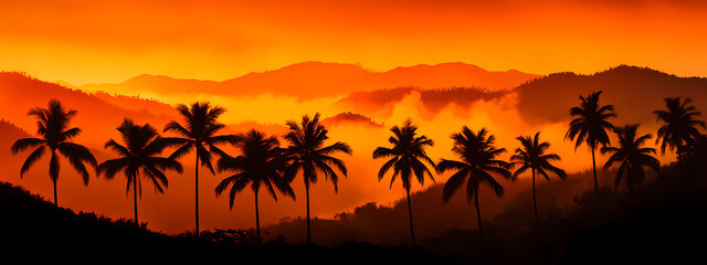 Obraz premium Silhouetted Palm Trees Against Fiery Sunset