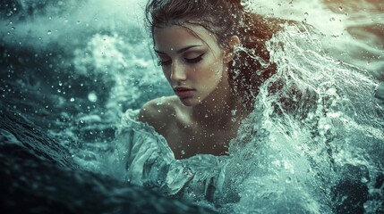 Enigmatic Beauty Emerging from the Ocean's Embrace: A Mystical Water Nymph