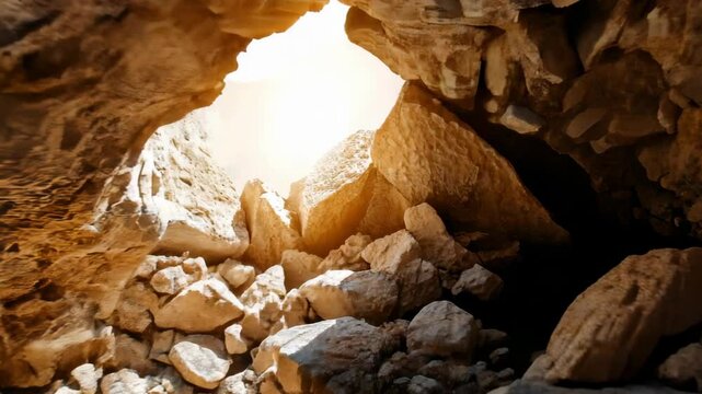 Coming out of a rocky cliff into bright sunlight. Christianity, religion, faith, Jesus birth, Easter resurrection of Jesus Christ concept. View from empty tomb with stone rocky to light rays outside