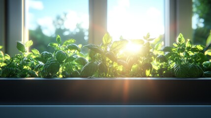 Sunlight on herbs in window box, backyard view