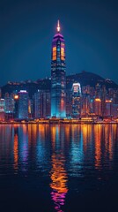 Obraz premium Night Cityscape: Skyscrapers Reflecting Vibrant Lights on Water
