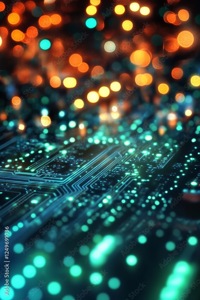 Poster this image provides a closeup view of an electronic circuit board that is rich with glowing particle