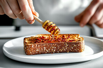 Person hand with honey dipper drizzling spicy hot honey over a slice of whole grain toast topped with red chili flakes on a white plate. Concept of delicious spicy snack with homemade sauce, spread