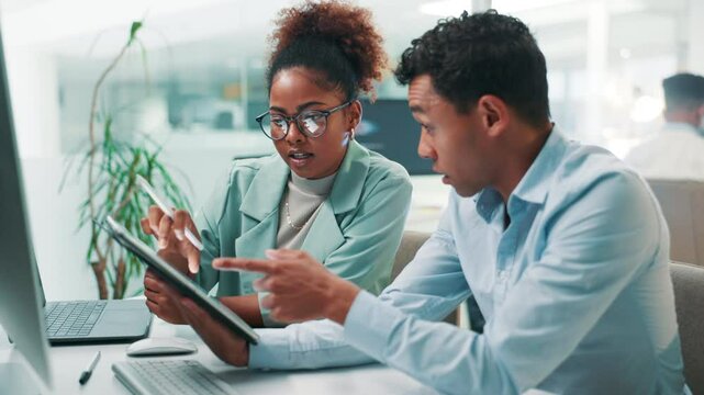 Business, people and meeting with tablet in office for stock market research, equity report and discussion. Professional trader, teamwork and planning of currency price, crypto strategy or investment