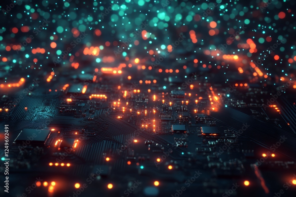 Poster this piece showcases a closeup of an illuminated circuit board with intricate details and vibrant co