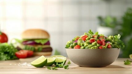 Fresh Guacamole in Ceramic Bowl with Cheeseburger and Lime on Wooden Table