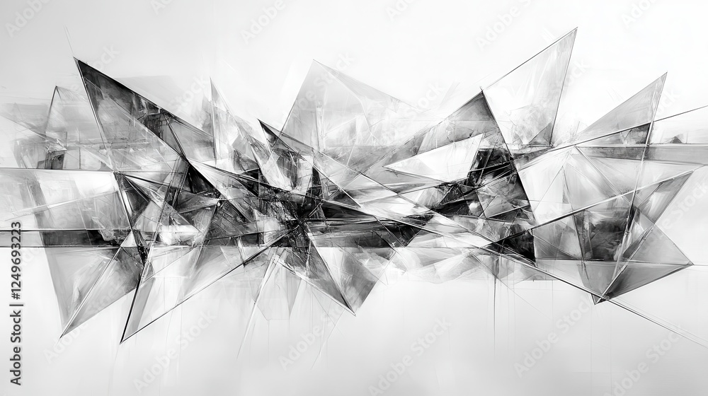 Poster abstract grayscale shards, chaotic energy, white background, design element