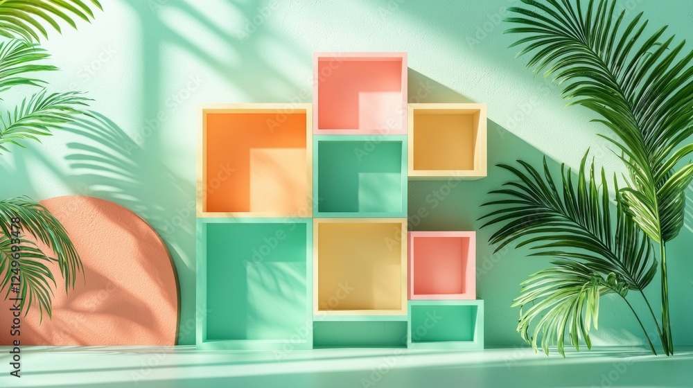 Poster bright colored boxes in various shapes create an eye-catching arrangement against a mint green wall.