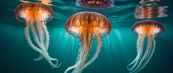 A striking image of glistening tentacles of a jellyfish against the backdrop of aquamarine waters showcasing the beauty of marine life