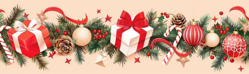 Christmas decoration composition on light gold background with beautiful Golden gift box with red ribbon, fir branches, cones, stars, Christmas cookies,cinnamon, top view, copy space, ban