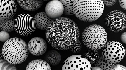 Floating black and white spheres create a minimalist, abstract space scene. Perfect for backgrounds, websites, or design projects.