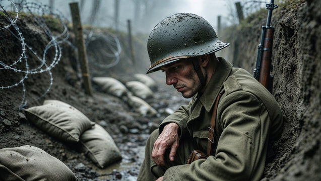 Soldier in a trench during a foggy morning in a battlefield - Powered by Adobe