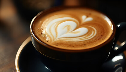 Close-up of a beautifully crafted latte art in a dark coffee cup on a wooden table
