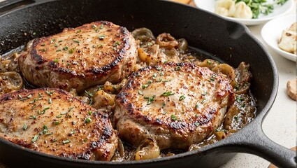 Savory pork chops sizzling in a rustic skillet paired with sweet caramelized apples onions and a drizzle of cider glaze