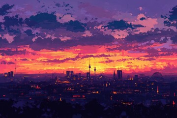 Fototapeta premium Vivid Sunset Skyline of Berlin: Glowing Colors Illuminate the Cityscape with Distant Structures, Capturing the Beauty and Tranquility of the German Capital at Twilight