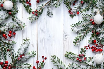 Festive Christmas arrangement featuring a tree on a white wooden backdrop for a flat lay top view copy space image