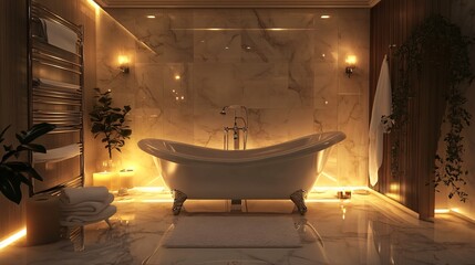 Luxurious bathroom with a freestanding bathtub, marble floors, and soft lighting, copy space