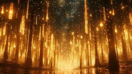 Magical forest pathway lit by glowing trees at night