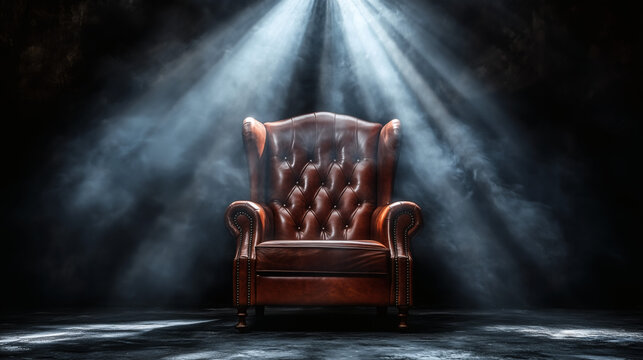 Sill&oacute;n Chesterfield de cuero marr&oacute;n iluminado en ambiente teatral con humo