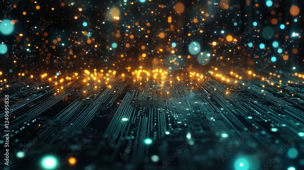 Aufkleber a detailed closeup of an intricate electronic circuit board, illuminated by vibrant glowing particle