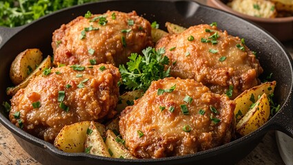 Fototapeta premium Delicious golden fried chicken thighs with crispy potato wedges and garnished with fragrant parsley in a rustic cast iron pan