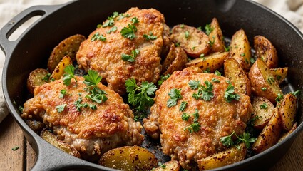 Fototapeta premium Delicious golden fried chicken thighs with crispy potato wedges and garnished with fragrant parsley in a rustic cast iron pan