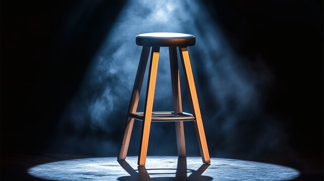 Taburete iluminado por un foco en un escenario con humo